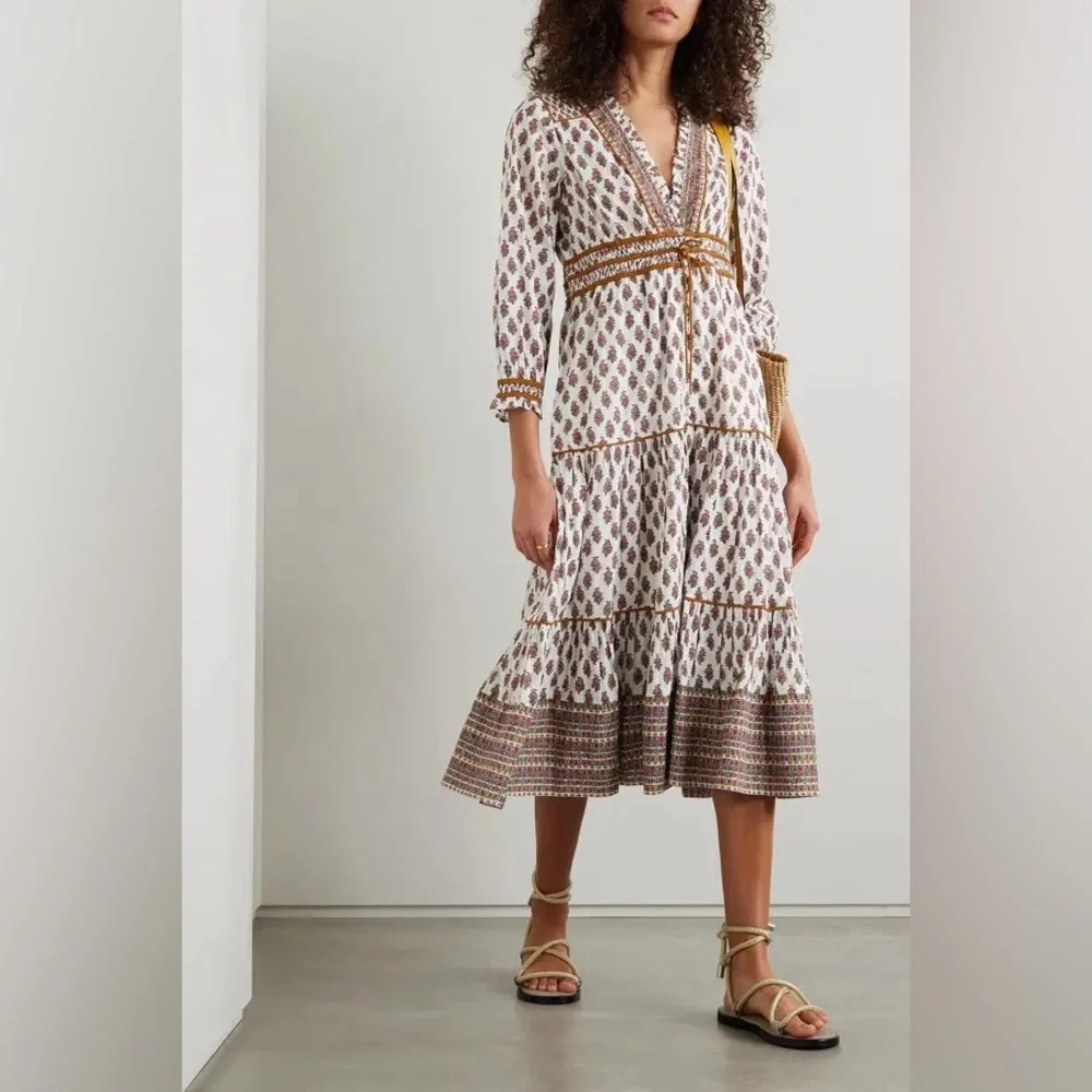 Veronica Beard Alessandra Tiered Floral Cotton Midi Dress in Brown Sz:Medium